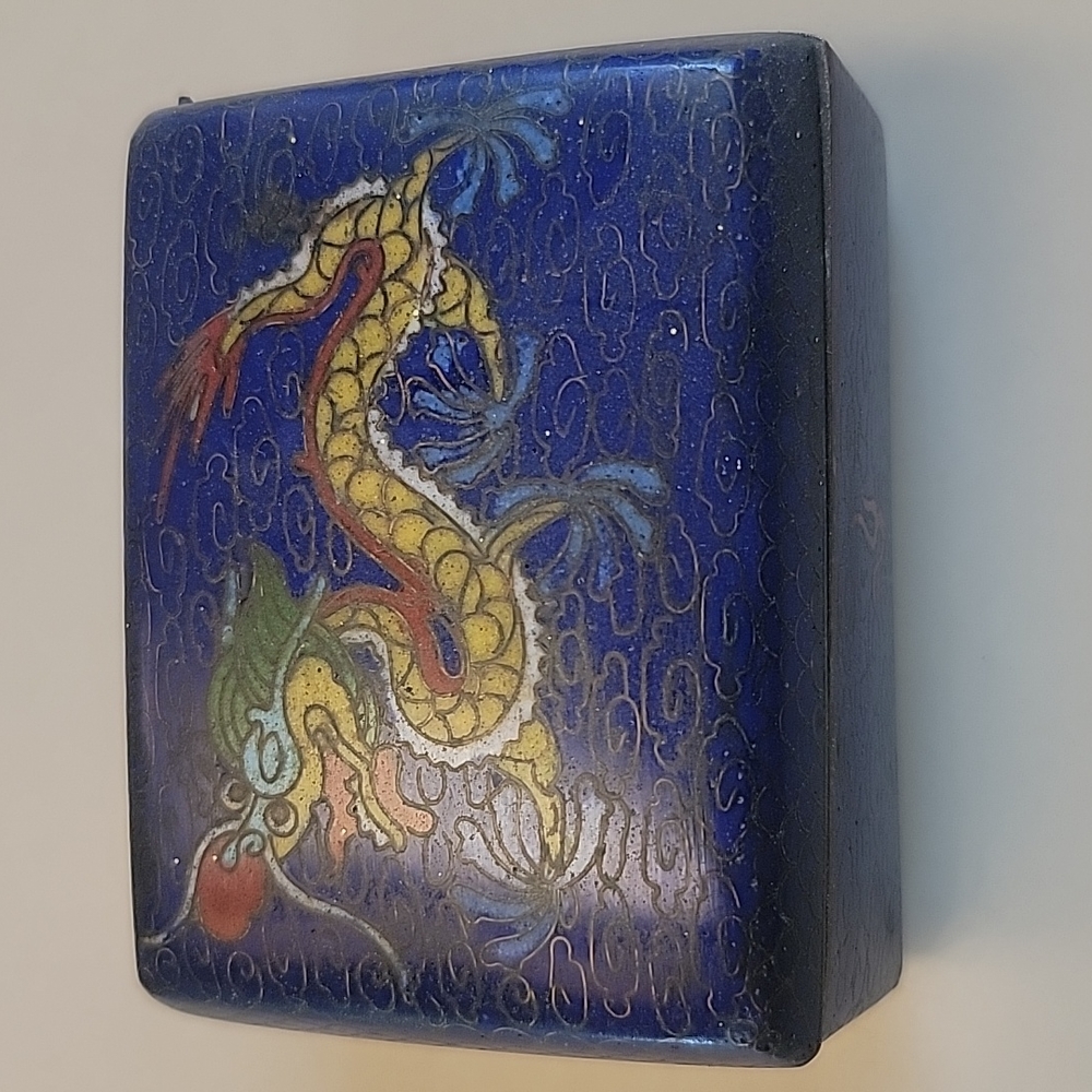 Chinese dragon cloisonne blue trinket trunk